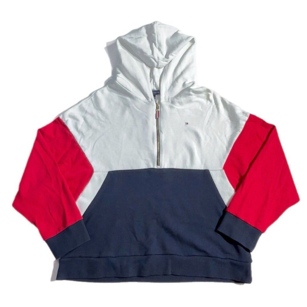 Tommy Hilfiger Women's Sweatshirt 1/4 Zip Hoodie White Red Blue Size Large
